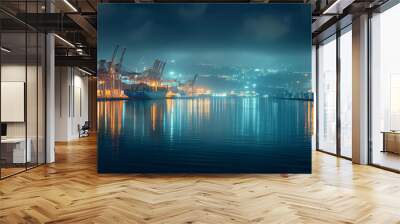 International shipping port at night with reflection of lights on the water surface. Wall mural