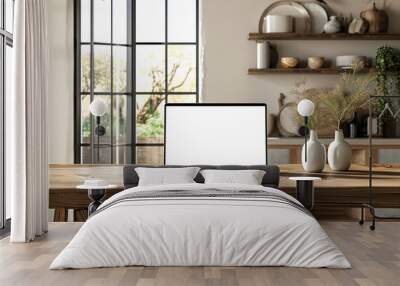 Laptop computer on a wooden table in a modern interior with green plants and sunlight Wall mural