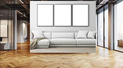 Living room interior design inspiration with empty poster frames on grey walls and a comfortable grey sofa Wall mural