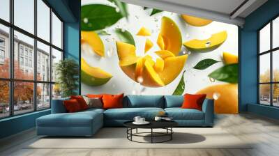 Mango slices with green leaves floating in the air isolated on white background Wall mural