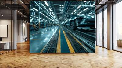 Modern factory with robot arm for car production on assembly line Wall mural