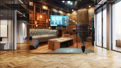 Podcasting studio space with fancy microphones Wall mural