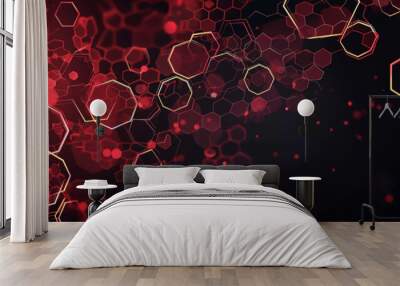 Red futuristic technology interface with hexagons and blurred bokeh Wall mural