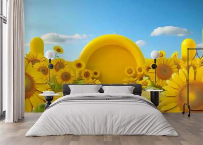 round podium in sunflower field for product presentation Wall mural