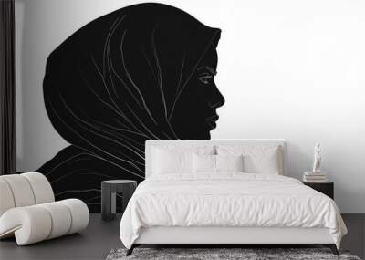 Side view Black line art silhouette of Muslim woman portrait isolated on transparent background Wall mural