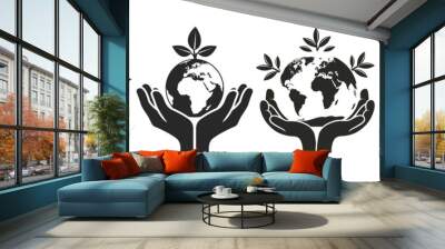 Silhouette of Hand holding globe with leaves. Save the planet concept Wall mural