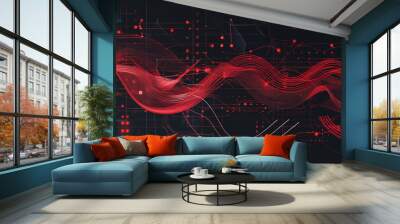 The technology background of red and black geometric lines and waves Wall mural