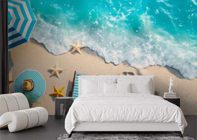 Top view of Beach with umbrellas and blue sea, summer banner Wall mural