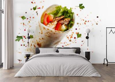 Tortilla wrap with chicken and vegetables isolated on a transparent background Wall mural