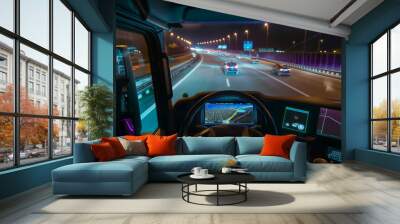 Truck driving itself on the highway. Inside view Wall mural