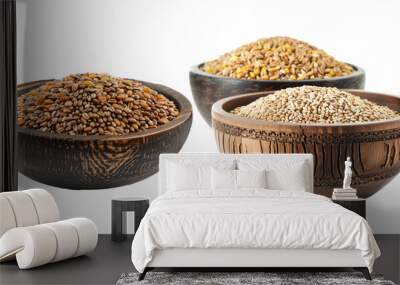 Wheat grains in wooden bowls isolated on a transparent background Wall mural