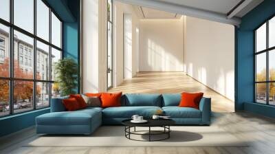 Wide angle of the corridor interior showing windows, walls and a white parquet floor with abstract light Wall mural