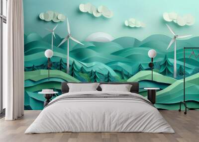 Wind turbines from paper art for renewable energy and carbon neutrality Wall mural