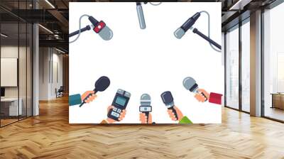 Hands holding microphones, press conference vector concept Wall mural