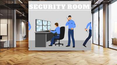 security room and working guards. vector concept illustration Wall mural