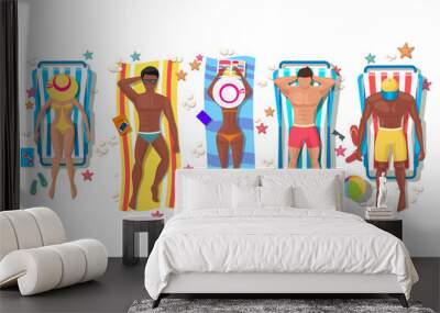 Summer beach people on sun lounger icons Wall mural