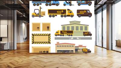 Warehouse building and transportation vehicles flat vector icons set Wall mural