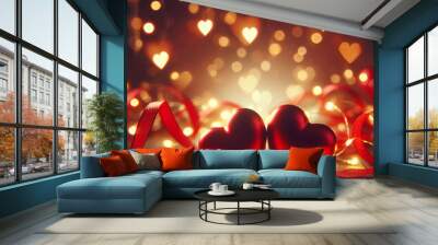 Hearts Aglow: Two Red Hearts Shine Against Festive Lights, Creating a Charming Valentine's Day Background. Wall mural