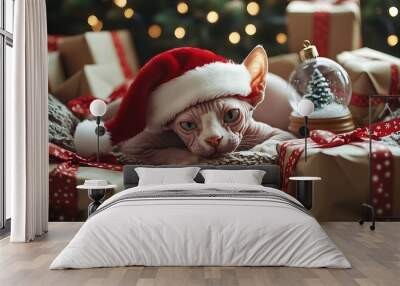 A festive cat wearing a Santa hat rests among colorful gift-wrapped presents and holiday decorations, creating a cozy Christmas atmosphere. Wall mural