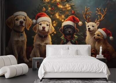 Adorable Dogs Celebrating Christmas Together Wall mural