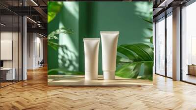 Two white cosmetic tubes on a wooden surface surrounded by green plants. Wall mural