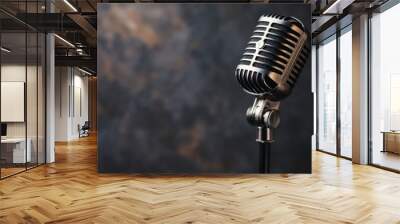 Vintage silver microphone on a stand against a textured dark gray background. Wall mural