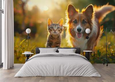  A cat and a dog are walking on a green sunny meadow.   AI Generative Wall mural