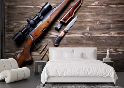 Hunting equipment on old wooden background. Wall mural