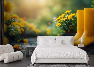 Spring background with yellow rubber boots in the garden. AI Generative Wall mural