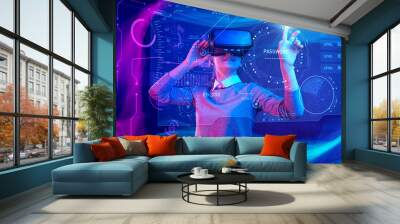 Woman with glasses of virtual reality. Future technology concept. Wall mural