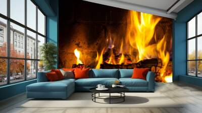 Wood burning in a cozy fireplace at home, keep warm Wall mural