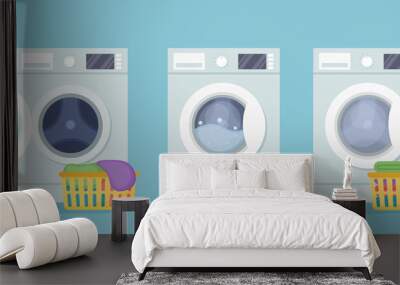 Washing machines with plastic basket with dirty linen, detergent and plastic basket with clean linen. Vector illustration Wall mural