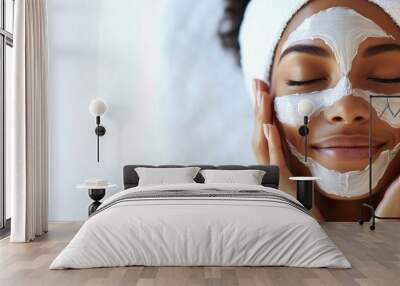 Facial treatment relaxation, woman with facial mask, spa setting, serene expression Wall mural