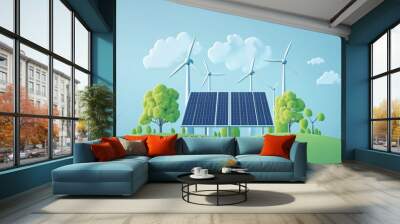 Renewable energy landscape with solar panels, wind turbines, trees Wall mural