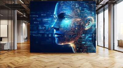 3d illustration of human head with digital code background. Artificial intelligence concept Wall mural