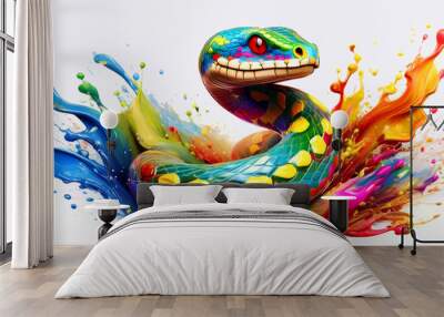 Colorful snake with paint splashes on white background. 3D rendering Wall mural