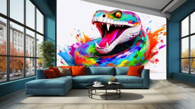 Smiling snake on a white background with colorful paint splashes. 3D rendering. Wall mural