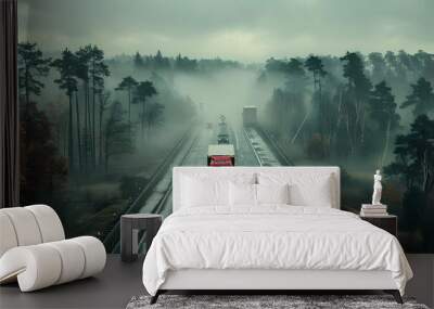 A lone truck travels a forest-lined highway Realistic photo, ai generative Wall mural