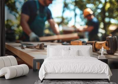 A professional carpenter is working with tools on a wooden table. Tools located next to work equipment become a focal point Wall mural