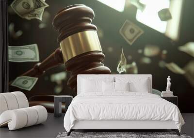 A wooden gavel hovers in the air, surrounded by money flying on an empty table inside a courtroom displaying the financial power in the trial Wall mural