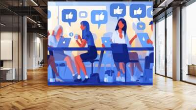 Colorful digital art of various people using communication smart phones accessing social media on their devices, sitting with various digital icons and logos floating around them Wall mural