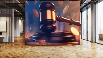 Golden scales of justice and wooden gavel on table with blurred gold coins background. Modern law or legal concept, finance or legal issues Wall mural