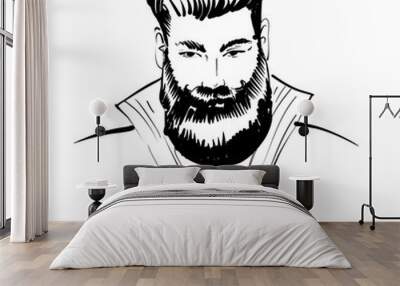 Hand drawn portrait of bearded man full face. Vector sketch black and white Wall mural