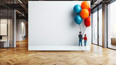 White background chairs with a happy family sitting there with colorful balloons flying around them, creating a harmonious happy atmosphere Wall mural