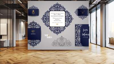 Wedding invitation or greeting card with gold floral ornament. Wedding invitation envelope for laser cutting. Vector illustration. Wall mural