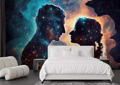 Cosmic Love: A Timeless Portrait of Two Spiritual Beings Entwined in an Eternal Embrace, digital art created with generative ai Wall mural