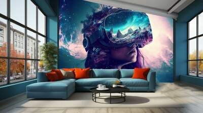 vr headset, woman, metaverse, virtual reality, digital art, futuristic, virtual world  Wall mural