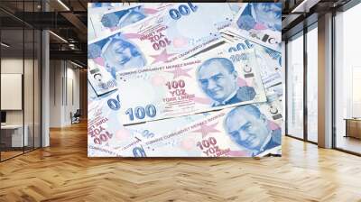 100 Turkish lira banknotes background. Wall mural