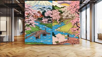 2 parts of Japanese lands divided by a stream of river with a bridge connecting 2 different patches of land with a sakura tree and the artstyle should be traditional Japanese, bird eye view, by Ukiyo Wall mural