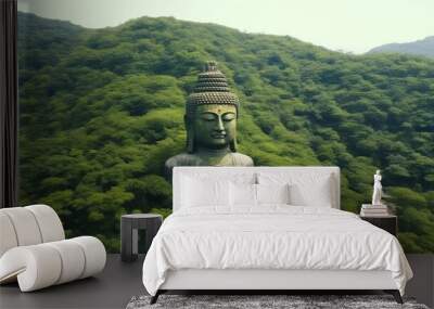 a green buddha statue on the top of a hill, in the style of hyper-realistic atmospheres, video montages, hindu art and architecture, mote kei, exaggerated facial features, travel, aerial view Wall mural